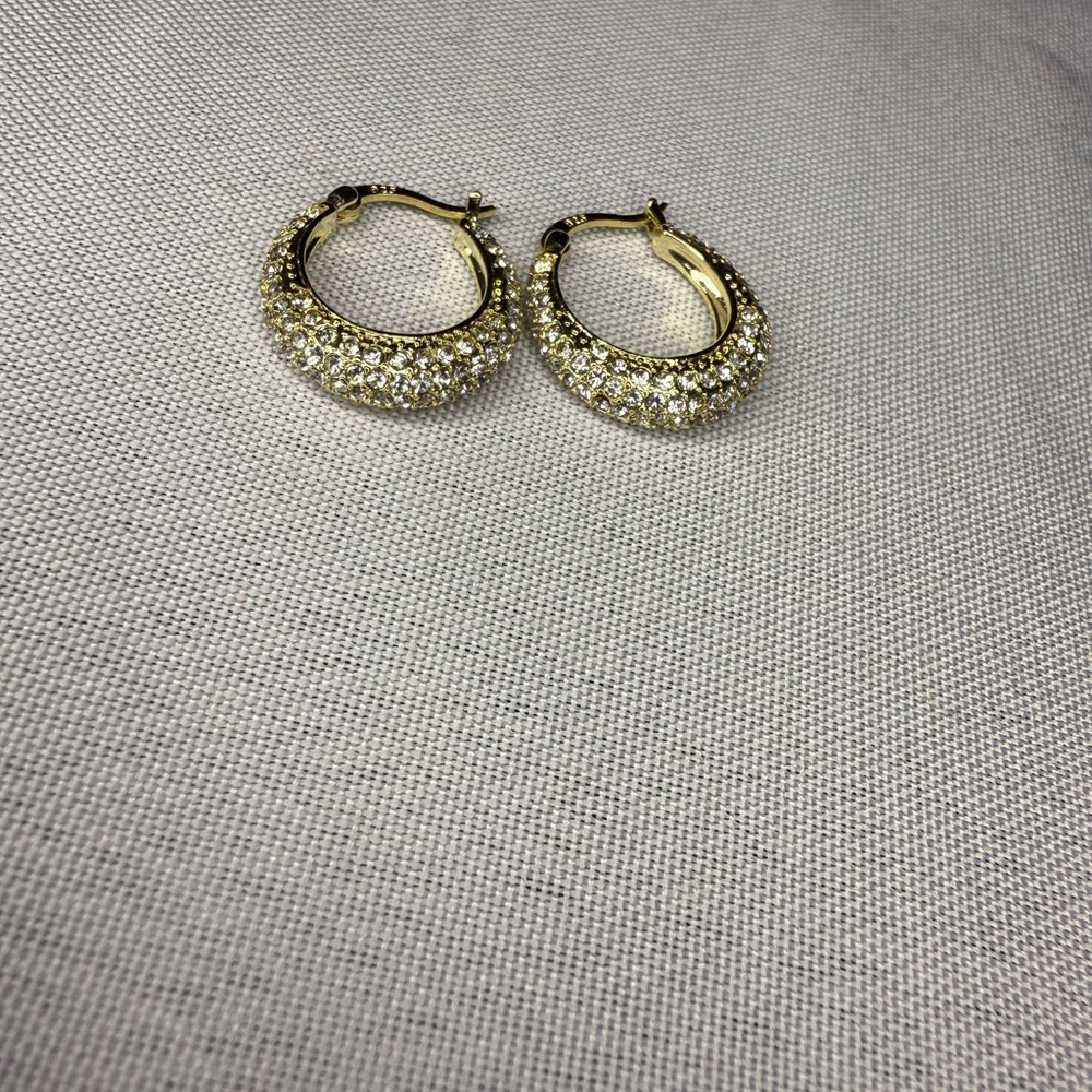 Elegant 14k Gold Plated and Crystal Gold Hoop Earrings - Picture 3 of 5